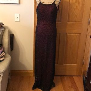 Red silk and Beaded Maxi Evening Gown